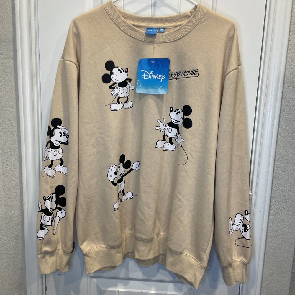 NWT Disney XL Beige Mickey Mouse All Over Pull Over Sweatshirt Classic Crew Neck